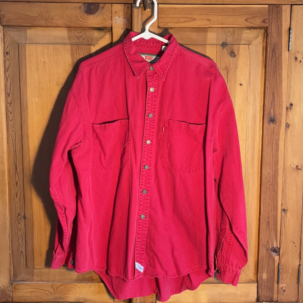 Levi’s cotton twill red long sleeved shirt. With 501 rivet buttons
